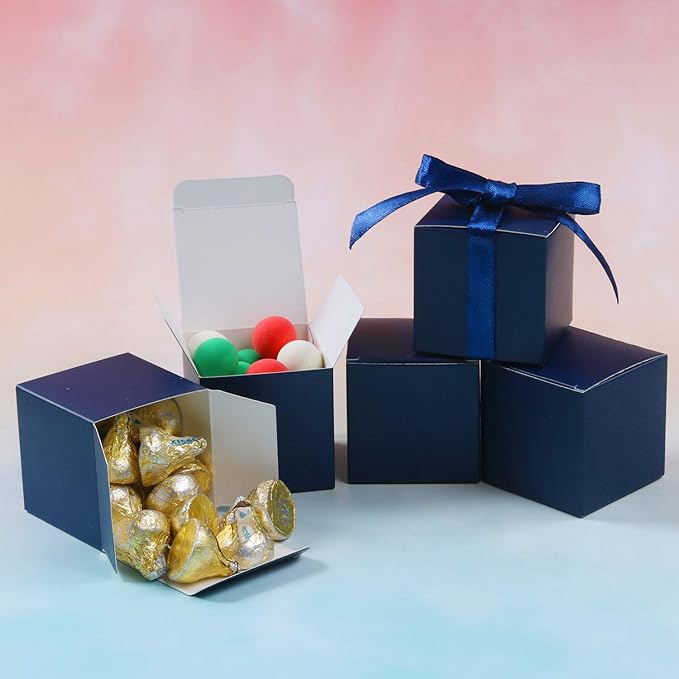 COTOPHER 100pcs Small Gift Boxes, Favor Boxes 2x2x2 inches Paper Gift Boxes with Ribbons Candy Box for Wedding Favors Baby Shower Bridal Shower Birthday Party (100pcs 2x2x2, Blue)