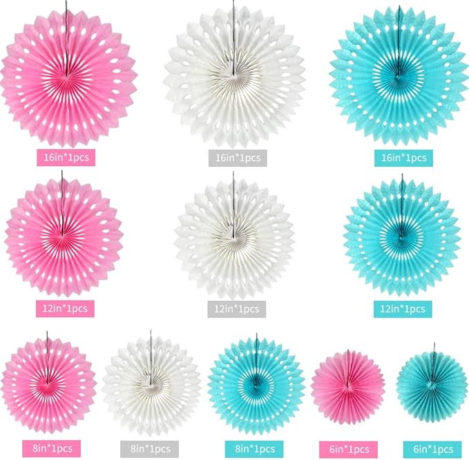 He or She Gender Party Supplies Blue Pink White Hanging Honeycomb Round Paper Fans for Birthday Baby Shower Bachelorette Anniversary Wedding Photo Booth Backdrop Party Decoration(11 Packs)