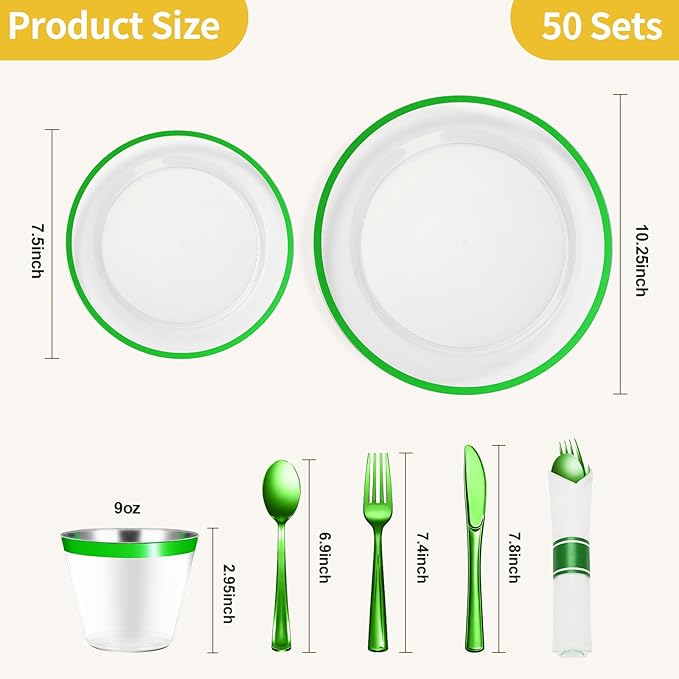 Plates for 50 Guests: Green Plastic Party Set with Cups and Cutlery