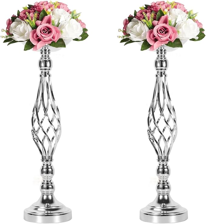 Candlestick Holders, 2 Pack, Silver Metal, 20.5-Inch Table Centerpiece Stands
