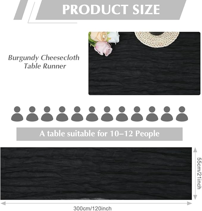 Black Cheesecloth Table Runner -21*120Inch Long Boho Wedding Table Decor, Rustic Gauze Fabric Runner for Bridal Showers, Baby Showers & Parties (Sheer, Lightweight, Wrinkled Design)