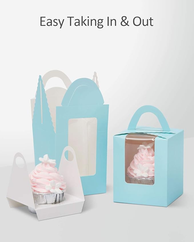 Cupcake Carriers 50 Pack Light Blue Auto-Pop Boxes with Holder Inserts