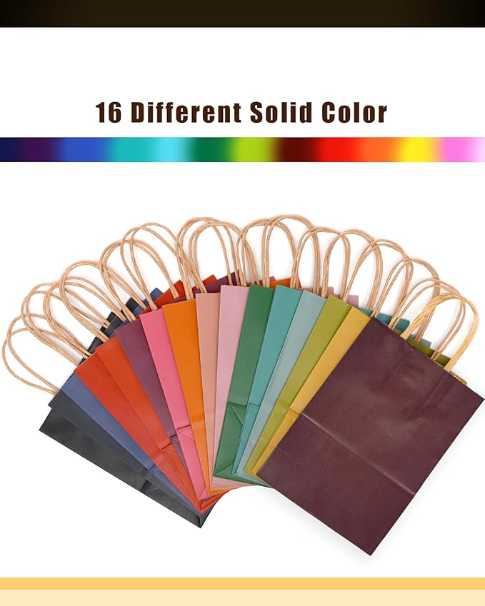 qiqee 200Pcs Paper Gift Bags with Handles - 8.3"x6"x3.15" Small Party Favor Bags Multiple Uses - 16 Solid Colors