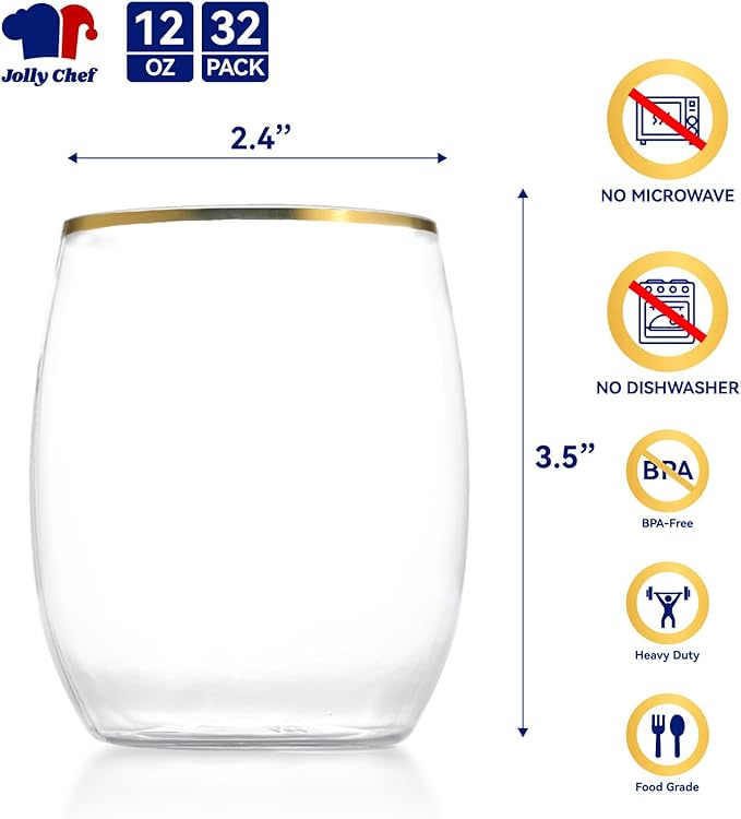 JOLLY CHEF 32 Pack 12oz Gold Plastic Wine Glasses Stemless, Disposable Wine Cupsty, Disposable Plastic Wine Cups for Party, Halloween, Christmas