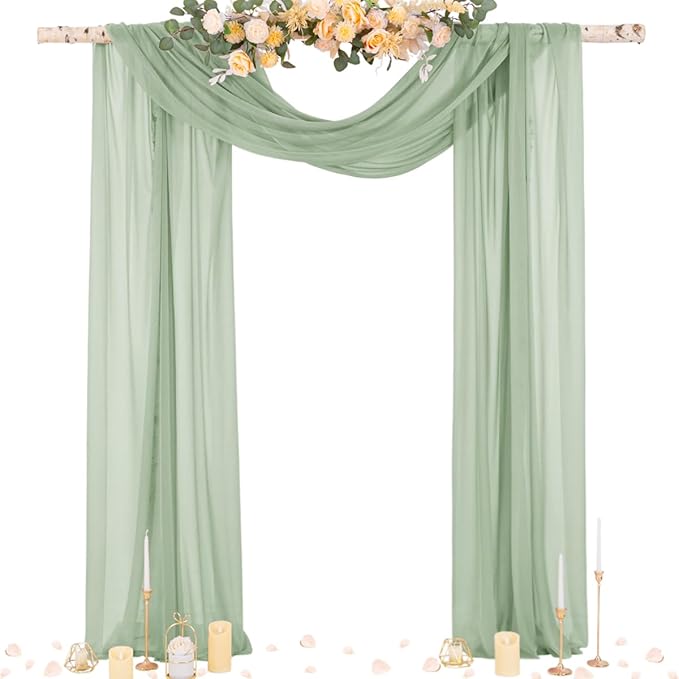 Outdoor Curtains: Sheer Chiffon Arch Drapes in Sage Green, 4 Panels