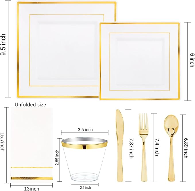 Disposable Plates Set, Square Gold, 350 Pieces for 50 Guests