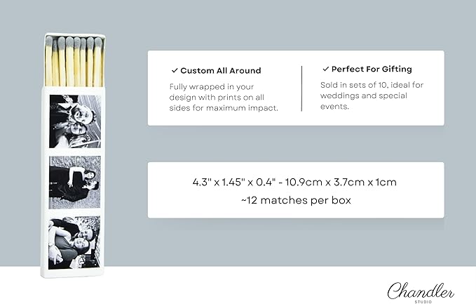 10 Boxes - Customized Matchboxes Colorful Tips (Wedding Design #5, 4" Matchboxes) (4" Matchsticks, Wedding Design #3)