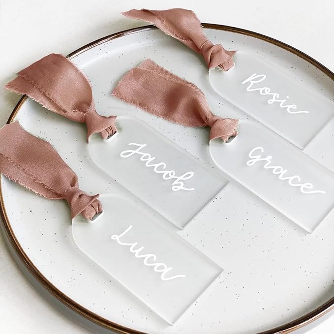 50Pcs Acrylic Place Card for Wedding Frosting Acrylic DIY Table Seating Cards Wedding Supplies with Rose Ribbon