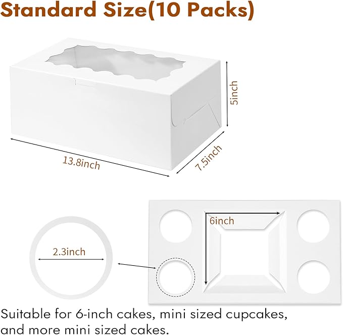 Cupcake Carriers, 10 Pack White Cardboard Boxes with Clear Window