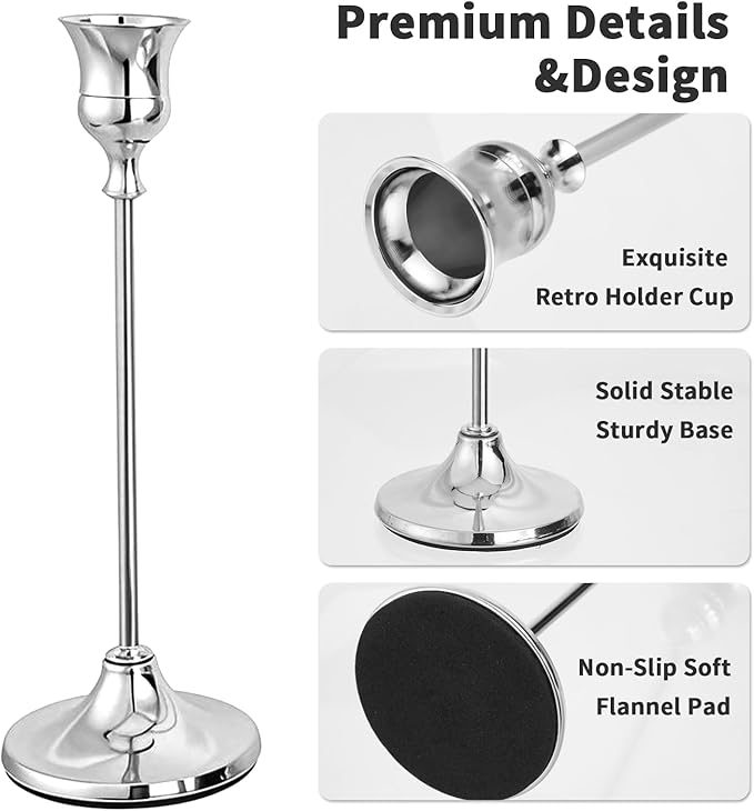 CHILL RECIPE Silver Taper Candle Stick Holders Tall Candle Holder, Vintage Candlesticks Holder Bulk for Home Decor Table Centerpiece Dining Party Festival Decorations (4 Set 12Pcs)