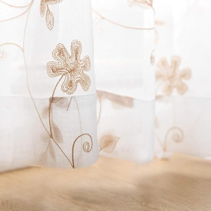 Floral Embroidery Gold Sheer Curtains 84 Inches Long, Rod Pocket Sheer Drapes for Living room, Bedroom, 2 Panels, 52"x84", Semi Crinkle Voile Window Treatments for Yard, Patio, Villa, Parlor.