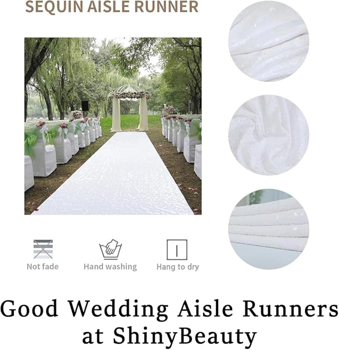 Sequin Aisle Runner, White, 3 x 15 Ft Rectangular for Weddings