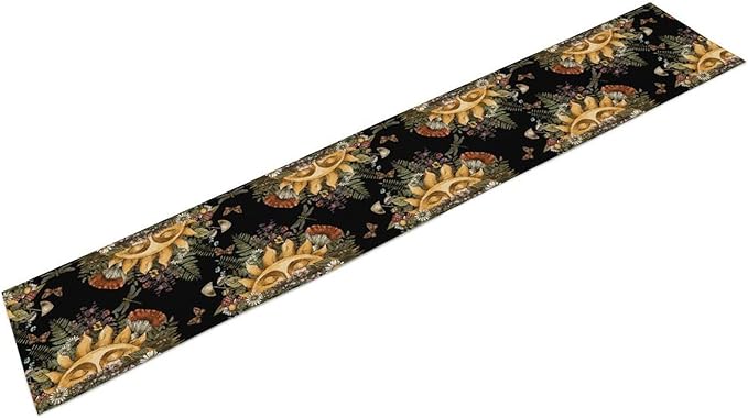 Sun Moon Table Runner, Bohomian Mushroom Daisy Table Gothic Dragonly Butterfly Table Center Decor Table Runner for Indoor Outdoor Party Kitchen Dinner Black, 13x70 Inch