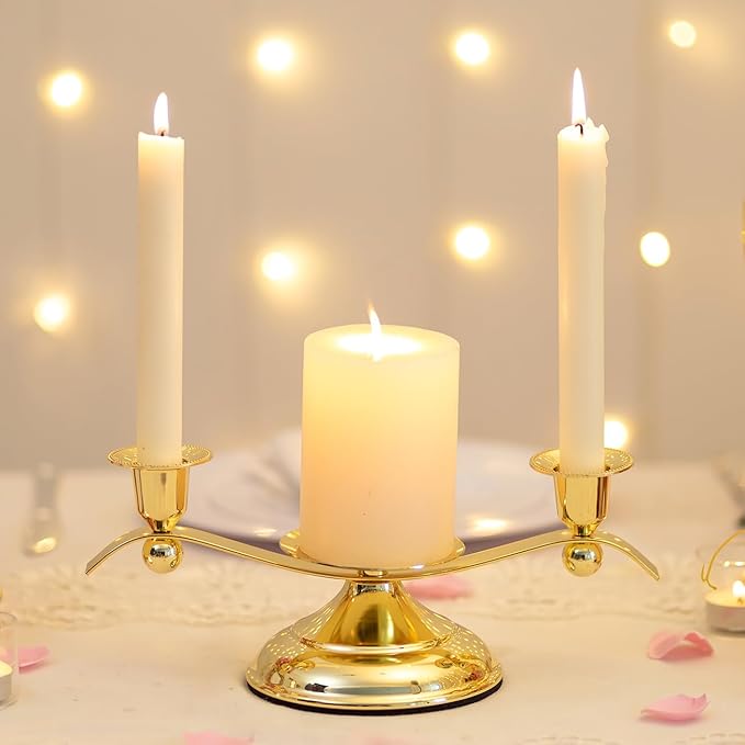 Candlestick Holder Set, 3-Arm Gold Metal Unity Candle Stand