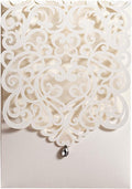 Hosmsua 50PCS Personalized Wedding Invitations Kit 5.12 x 7.3 Laser Cut Hollow Rose Rhinestone Pocket with Envelope for Wedding Quinceanera Invite (White Ivory)