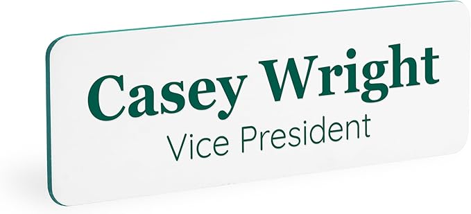 ExcelMark Custom Name Tag - Engraved Name Badge with Pin or Magnetic Backing, 16 Colors, 6 Fonts, and 2 Sizes to Choose from (White w/Pine Green Letters, 1"x 3")