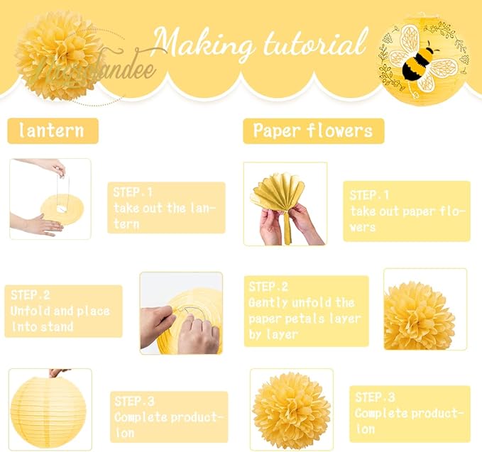 Tissue Pom Poms and Paper Lanterns, 12 Pieces, Yellow Bee Design