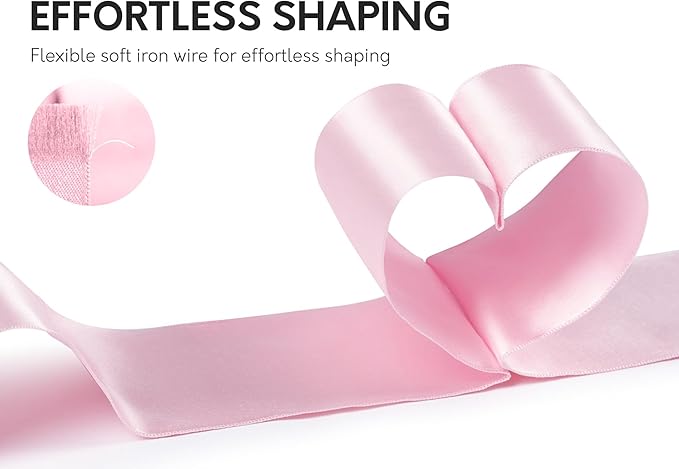Pink Satin Ribbon Double-Faced Wired Ribbons for Gift Wrapping Flower Bouquet Bows Wedding Invitation Christmas Decor Crafts 2-1/2 Inch 10 Yards