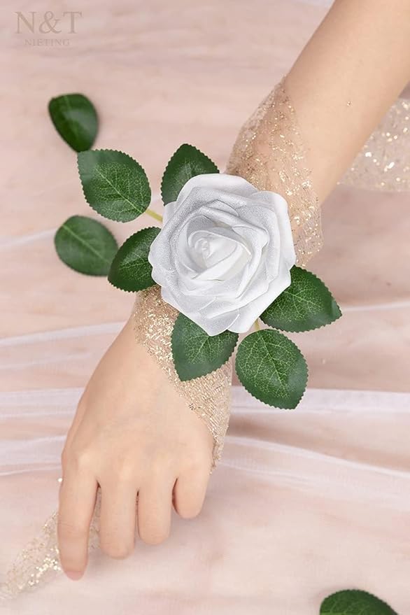 Artificial Silver White Roses, 50 Pcs Foam Flowers with Bendable Stems