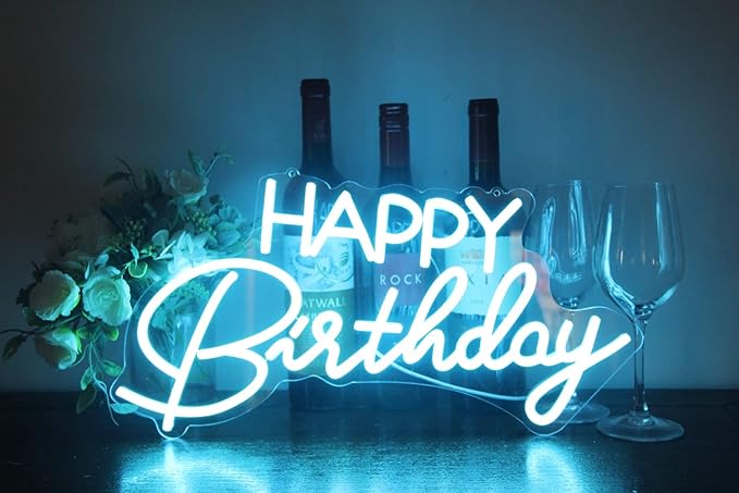 Lighted Neon Sign Ice Blue Happy Birthday Wall Light USB Powered