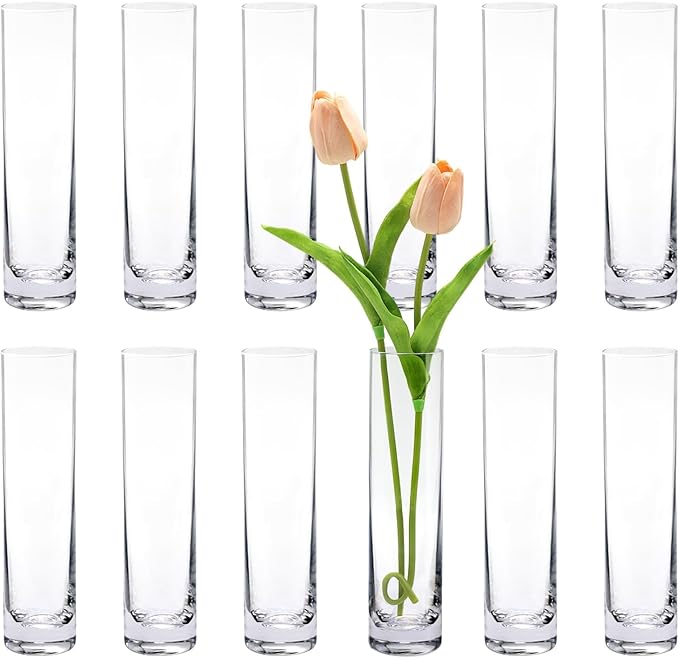 Cylinder Bud Vases, 12 Pack Clear Glass 7.5 Inch Tall