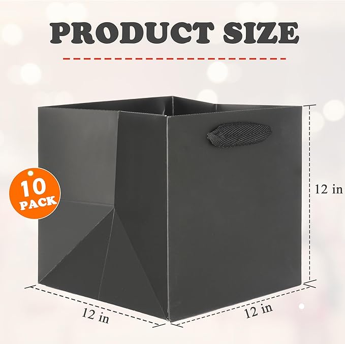 Gift Bags, 12x12 Inch Black Square Bottom Paper Bags with Handles, Pack of 10