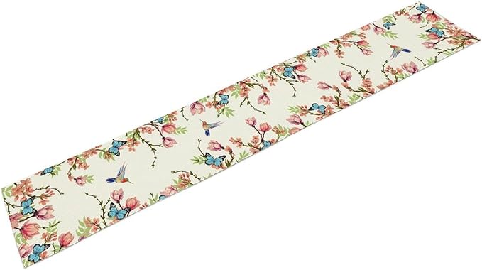 Floral Butterfly Table Runner Seasonal Spring Flower Bird Table Decoration Table Runner for Home Party Decoration 13x108 Inch