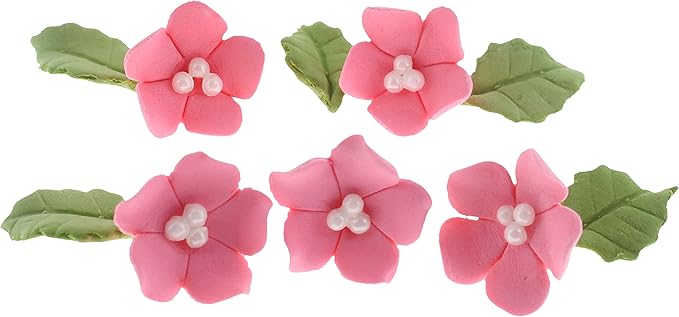Edible Cake Toppers: Small Pink Gumpaste Flowers and Leaves, 72 Pieces