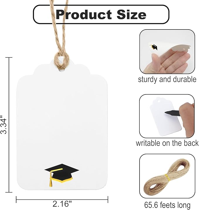 100Pcs Blank Gift Tags with String Foil Black Gold Grad Cap Large Paper Gift Tags with 65 Ft Jute Twine for Congratulations Graduation Congrats Grad Class of 2025 Party