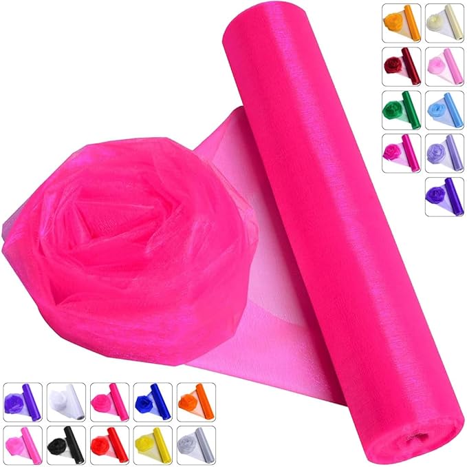 Crystal Organza Fabric Tulle - 16" by 50 Yards Sheer Fabric for Wedding Party Decoration Bridal Shower Tutu Roll Netting Spool Ribbon Wrapping (Dark Pink)