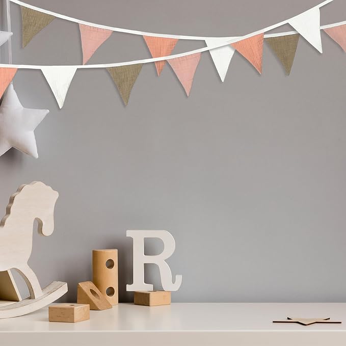 Pennant Banner Garland, Cotton, 2 Strips of 10 Flags, Pink and White