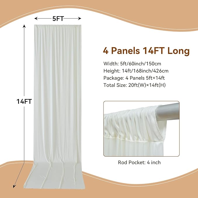 20×14ft Wrinkle Free Ivory Backdrop Curtain, Soft Silky Easy to Drape Cream Wedding Drapes for Backdrop, 4 Panels 5×14ft Photo Backdrop Curtains for Parties Birthday Photography Background Cloth