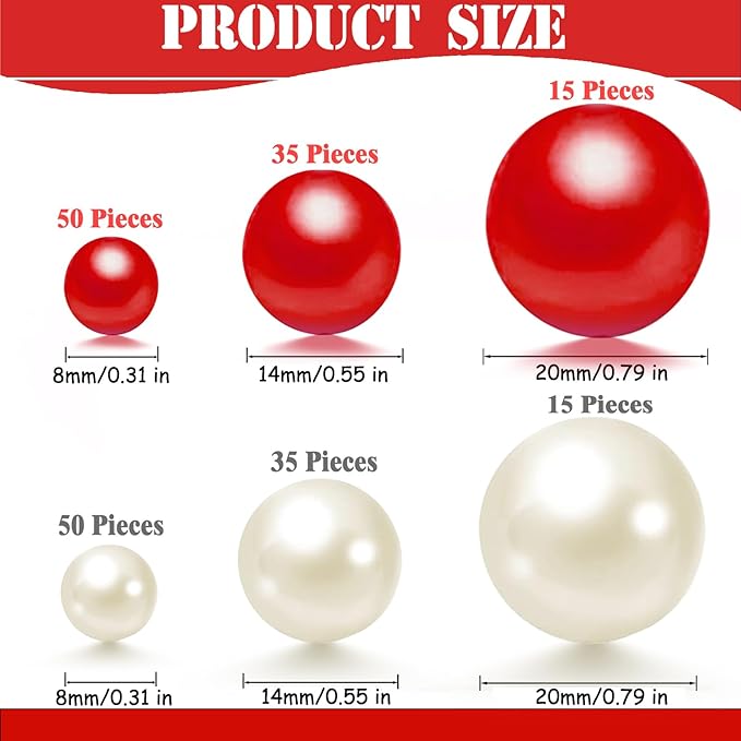 200 Pcs Vase Filler Beads White and Red Pearl Beads for Vase No Hole Pearls for Centerpieces Vases Home Table Party Decor Wedding DIY 8/14/20mm