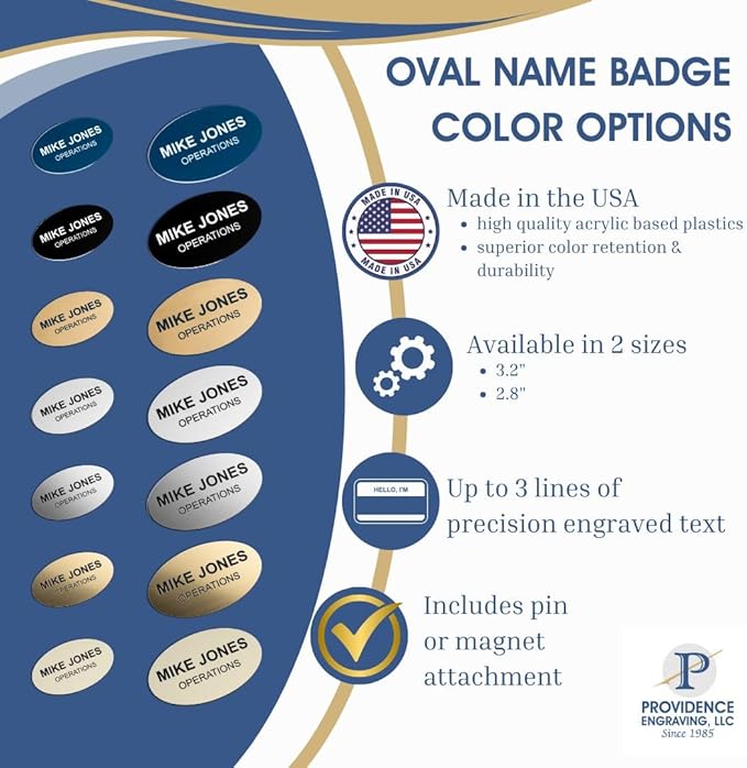 Custom Engraved Name Tag Badges – Personalized Identification with Pin or Magnetic Backing, 2.8 Inch Oval, Blue/White