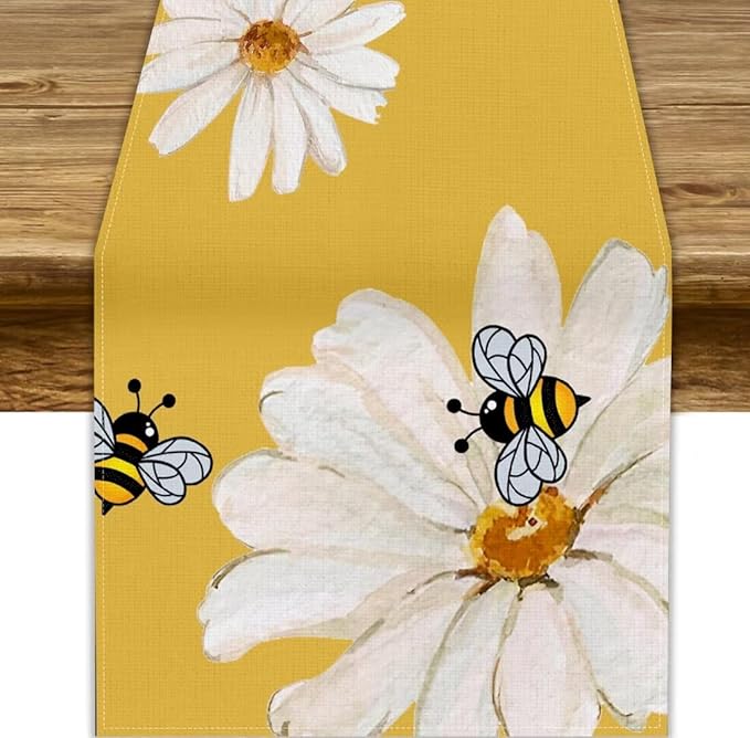 Daisy Flower Table Runner, Summer Spring Seasonal Watercolor Wildflower Yellow Bee Print Table Cover for Home Party Decor Kitchen Dining Table, 13x120inch