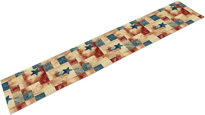 4th of July Table Runner, Rustic Vintage Country Red White Blue American Stars Independence Day Print Table Cover for Farmhouse Kitchen Dining Table Decor, 13x108inch