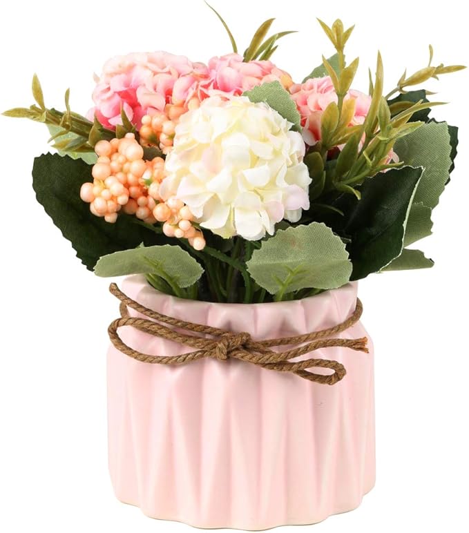 Artificial Hydrangea Bouquet with Small Ceramic Vase Fake Silk Variety Flower Balls Flowers Decoration for Table Home Party Office Wedding (White)