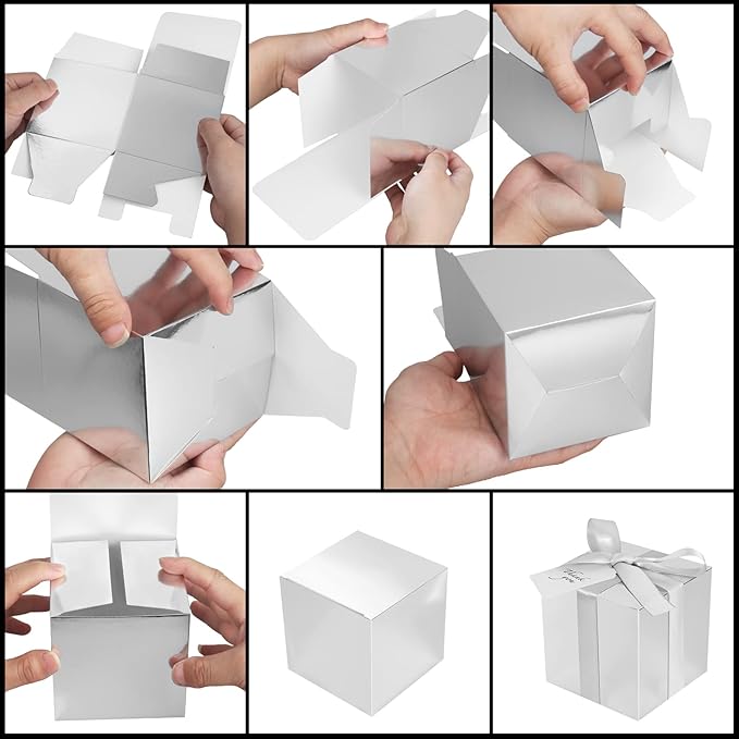 Gift Boxes with Lids, Silver 3x3x3 Inch Kraft Paper Favor Boxes, 50 Pack