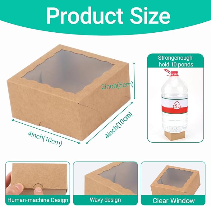 100-Pack 4x4x2 InchesBrown Bakery Boxes - Treat/Cookie/Truffle Boxes for Mini Cakes, Pies & Cinnamon Rolls - Wedding Party Favor Packaging