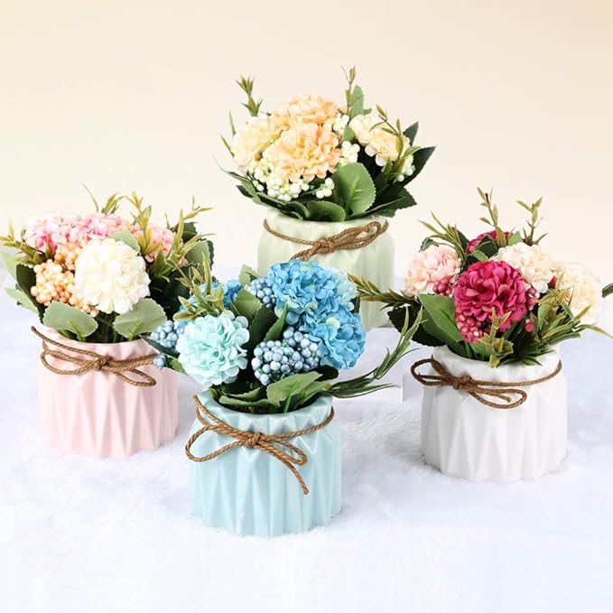 Artificial Hydrangea Bouquet with Small Ceramic Vase Fake Silk Variety Flower Balls Flowers Decoration for Table Home Party Office Wedding (White)