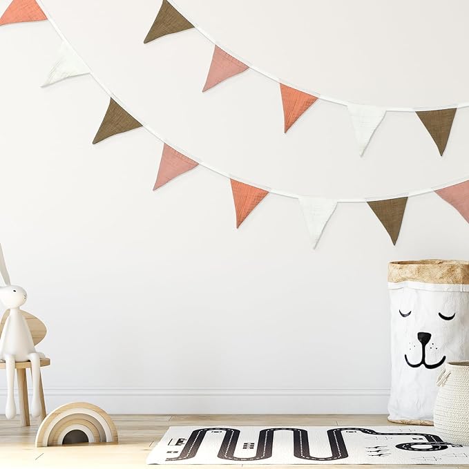Pennant Banner Garland, Cotton, 2 Strips of 10 Flags, Pink and White