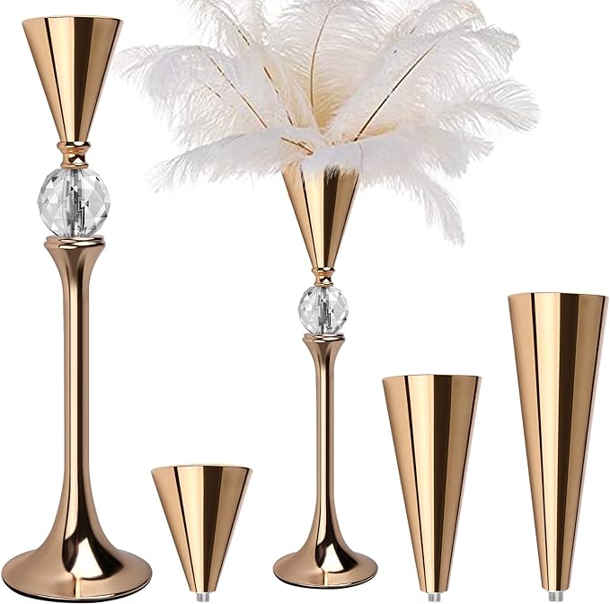 VIJIV Gold Flower Vase for Centerpiece Table Decorations Wedding Reception Decor, 21.3 Inch Tall Metal Vase for Feather Flower Holder Stand Floral Arrangement Gatsby Party Dinner Event Hotel