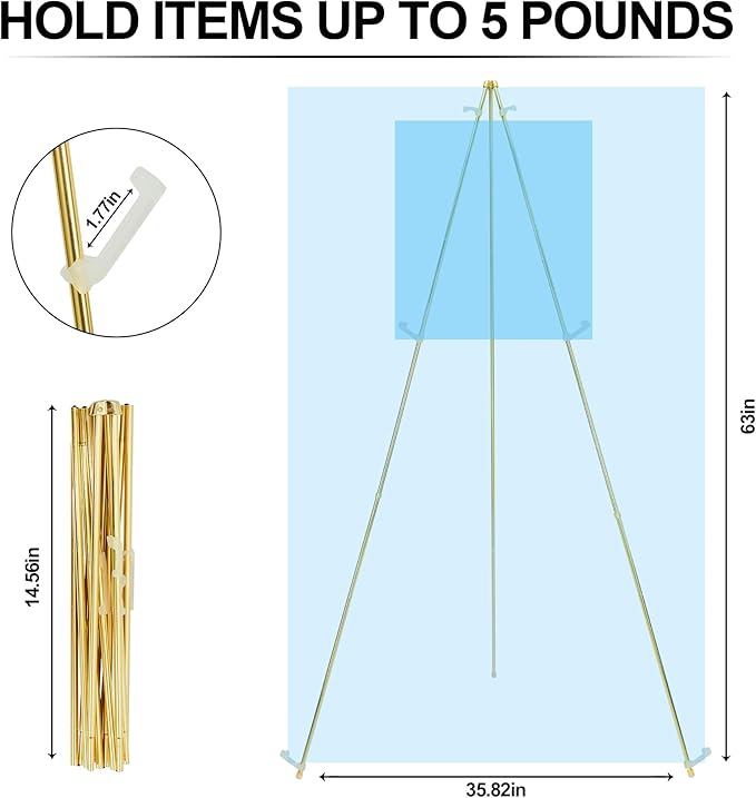 Easel Sign Stand, 63-Inch Gold Metal Adjustable Display Easel