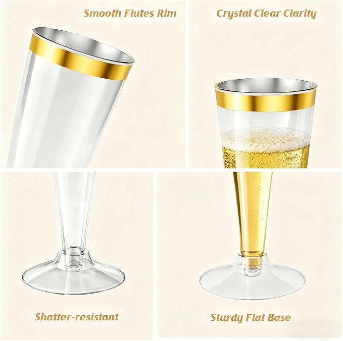 100 Pack Champagne Flutes Plastic Wine Glasses Disposable, 4.5 Oz Gold Rim Mimosa Glasses for 2025 Engagement Wedding Birthday New Years Eve Xmas Party Supplies, Bulk Toasting Cocktail Cups