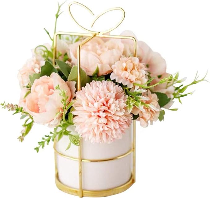 KIRIFLY Fake Artificial Flowers in Vase Faux Peony Silk Hydrangea Flower Centerpieces Décor for Wedding Table Decoration(Pink in Gold)