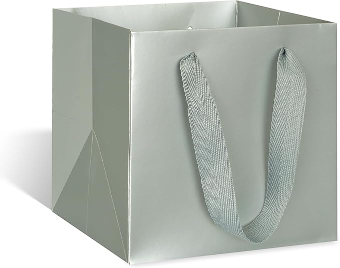 Gift Bags - Silver Square Bottom Paper with Handles, 12x12 Inch, Pack of 10