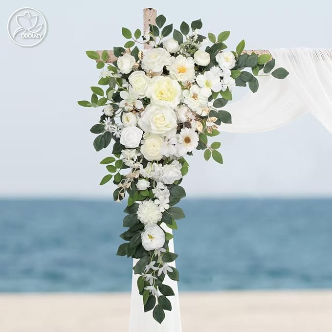 Artificial Flowers Wedding Arch Decor, White Set of 2 with 20 Plastic Stems