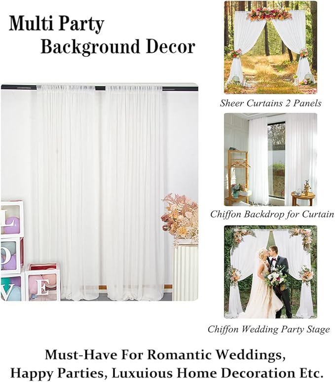 DUOBAO White Chiffon Backdrop Curtain-2 Panels 29"x120" Sheer Weddings Drapes Beach Curtains for Living Room Voile Window Drape Photography Background for Wedding Ceremony