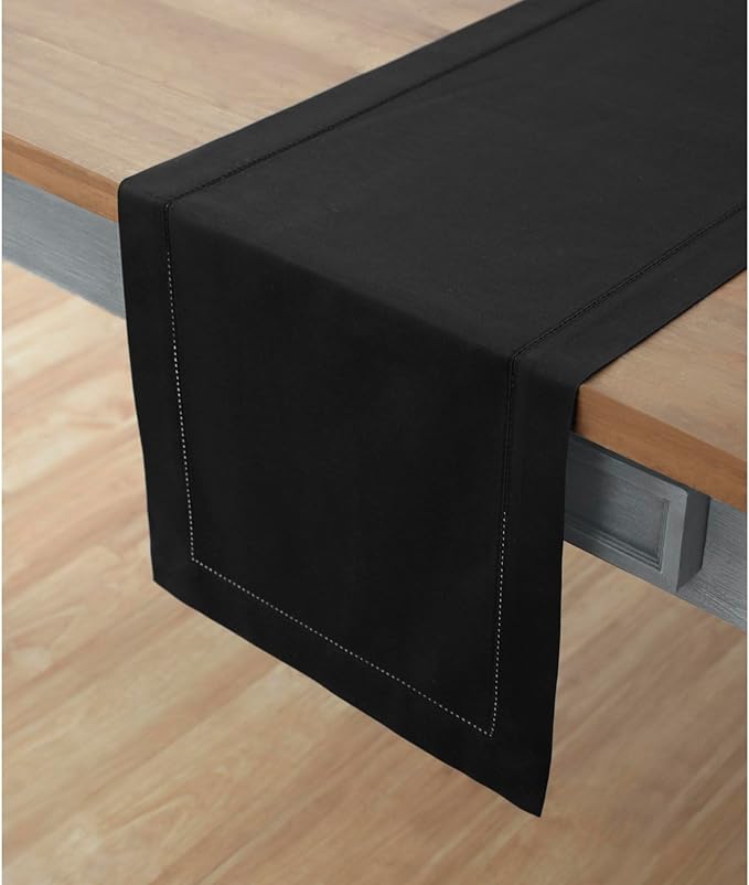 Solino Home Cotton Linen Black Table Runner 120 Inches Long - Hemstitch 14 x 120 Inch Table Runner for Fall, Autumn, Halloween, Thanksgiving, Holiday