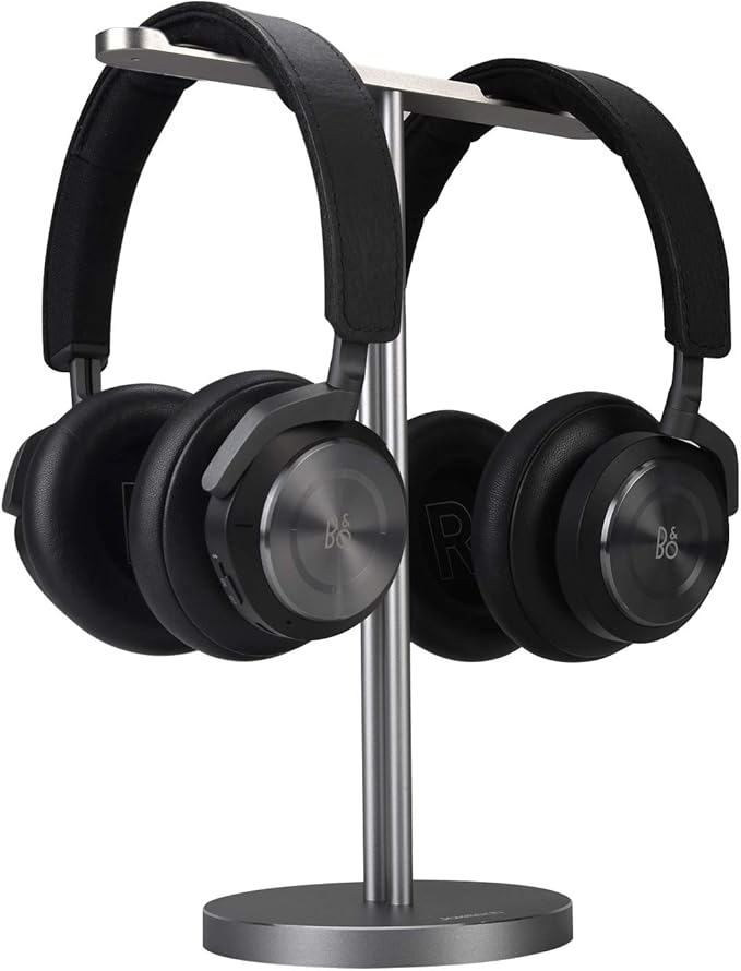 Double Headphones Stand, Aluminum Alloy Desk 3 Headsets Holder Supporting Desktop Earphone Hanger Mount Storage Rack with Heavy Base for Home and Office Display Spacegrey